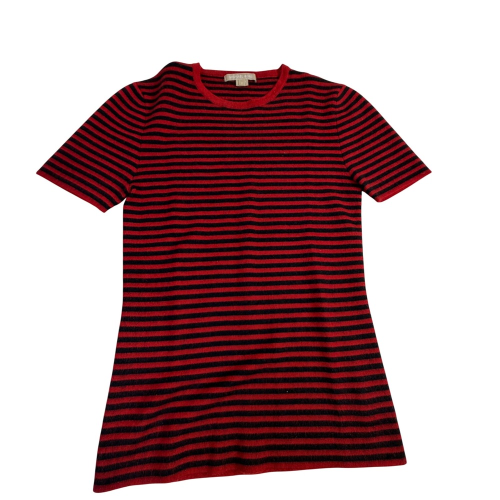 Michael Kors Cashmere Sweater Size S Crimson Black Stripe Short Sleeve